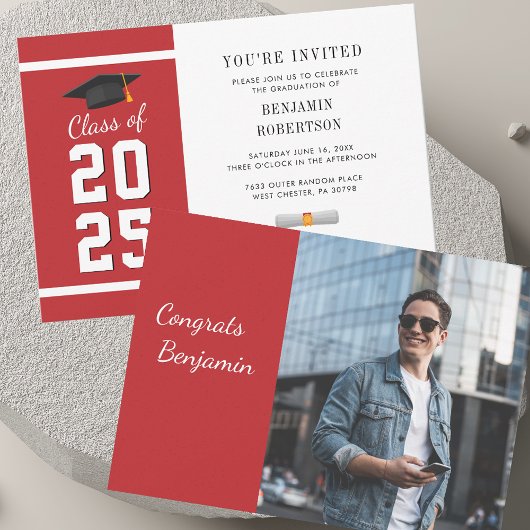 Abschluss 2025 Party Rotes und Weißes Grad Foto Einladung