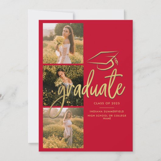 Abschluss 2025 Red Gold Graduate Foto Collage Ankündigung (Vorderseite)