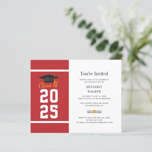 Abschluss 2025 Red White Grad Party Einladung (Stehend Vorderseite)