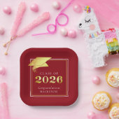 Abschluss 2025 Rote Imitate Metallic Gold Pappteller (Party)