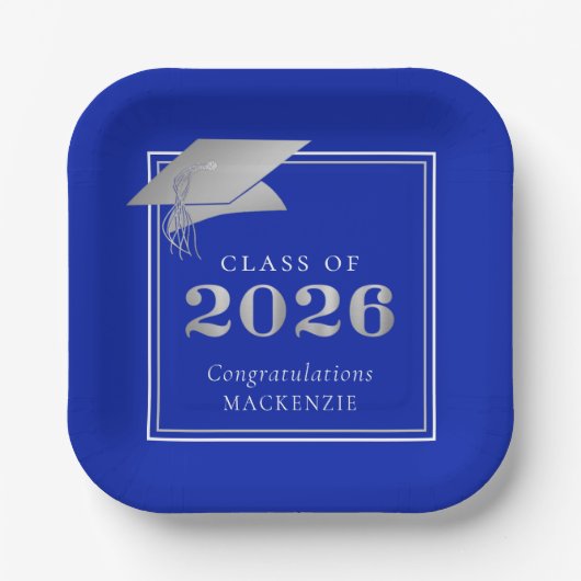 Abschluss 2025 Royal Blue Imitats Metallic Silver Pappteller (Vorderseite)