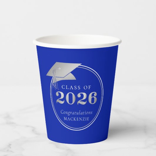 Abschluss 2025 Royal Blue Silver Personalisiert Pappbecher (Vorderseite)