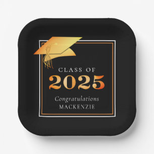 Abschluss 2025 Schwarze Imitate Metallic Orange Pappteller