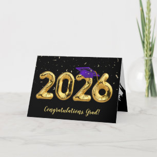 Abschluss 2026 mit violetter Kappe und Konfetti Karte
