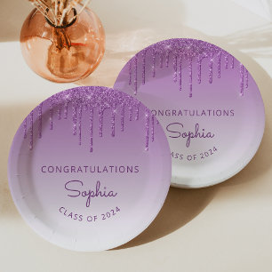 Abschluss 2026 Personalisierter lila Glitter-Drip Pappteller