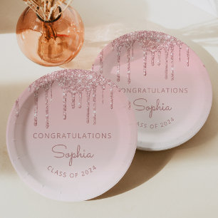 Abschluss 2026 Personalisierter Rosa Glitter-Drip Pappteller