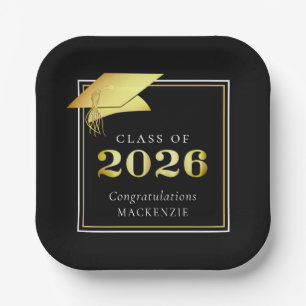 Abschluss 2026 Schwarz Faux Metallic Gold Pappteller