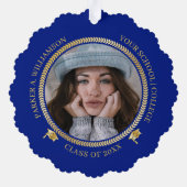 Abschluss 2 Foto Blau | Gold Grad Cap Class Year Ornament Karte (Rückseite)