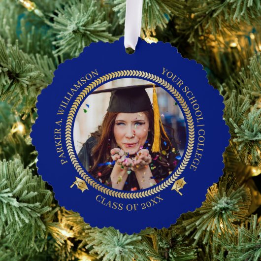 Abschluss 2 Foto Blau | Gold Grad Cap Class Year Ornament Karte (Insitu (Baum))