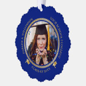 Abschluss 2 Foto Blau | Gold Grad Cap Class Year Ornament Karte (Links)