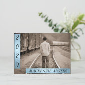 ABSCHLUSS 2 FOTO | Blaue Imitate Metallischer Keep Einladung (Stehend Vorderseite)