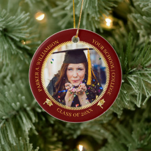Abschluss 2 Foto D Rot   Gold Grad Cap Class Year Keramik Ornament