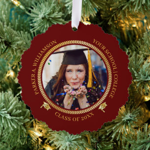 Abschluss 2 Foto Dk Red Gold Grad Cap Class Jahr Ornament Karte