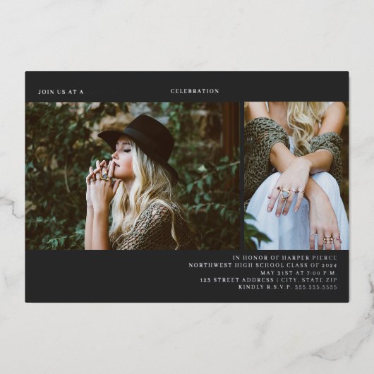 Abschluss 2 Foto Line Art Dunkelgrau Folieneinladung (Vorderseite)