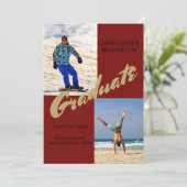 Abschluss 2 Foto Male Modern Maroon Celebration Einladung (Stehend Vorderseite)