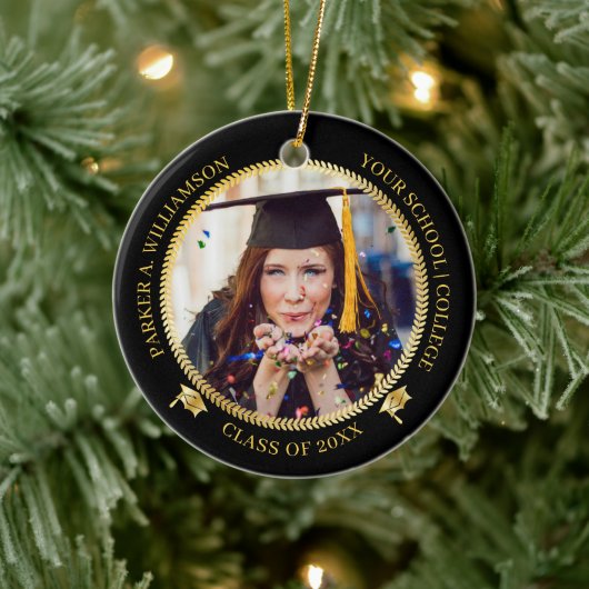 Abschluss 2 Foto Schwarz | Gold Grad Cap Class Yea Keramik Ornament (Baum)