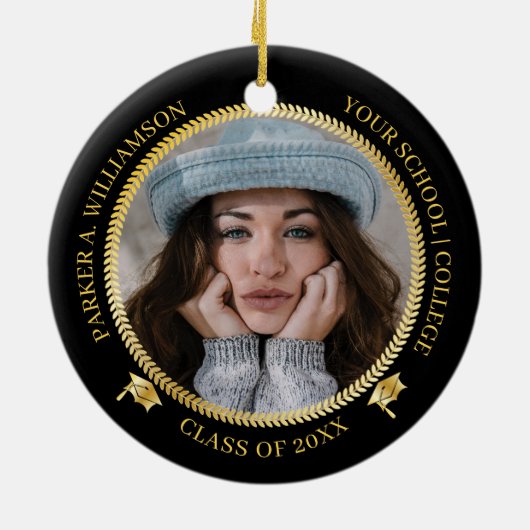 Abschluss 2 Foto Schwarz | Gold Grad Cap Class Yea Keramik Ornament (Hinten)