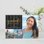 Abschluss 3 Foto Collage Black Gold Skript Chic Ankündigung (Stehend Vorderseite)