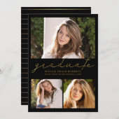 Abschluss 3-Foto Collage Preppy-Gold-Script Ankündigung (Vorne/Hinten)