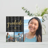 Abschluss 3 Foto Collage Schwarzer Glitzer Chic Einladung (Stehend Vorderseite)