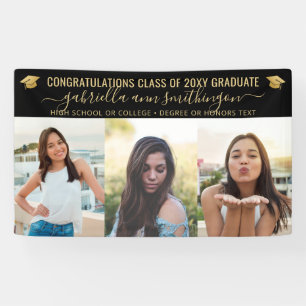 Abschluss 3 Foto Elegantes Script Schwarzes Gold Banner