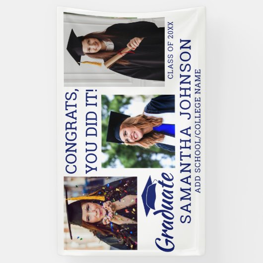 Abschluss 3 Foto Glückwunschs Grad 2025 Blue White Banner (Vertikal)