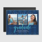 Abschluss 3 Foto Navy Blue Save the Date Moderne Magneteinladung (Vorne/Hinten)
