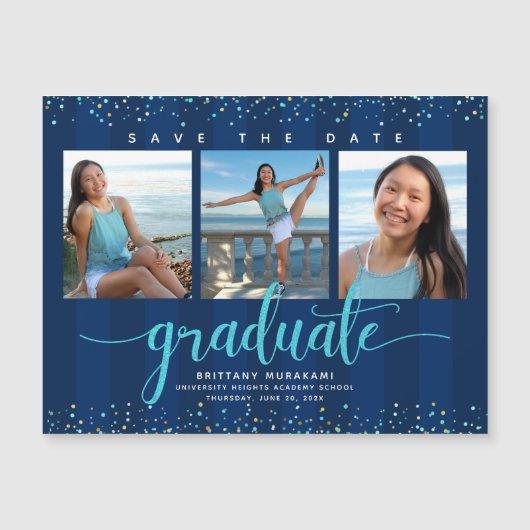 Abschluss 3 Foto Navy Blue Save the Date Moderne Magneteinladung (Vorderseite)