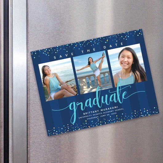 Abschluss 3 Foto Navy Blue Save the Date Moderne Magneteinladung