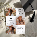 Abschluss 3 Foto Save the Date Karte<br><div class="desc">Eleganter Abschluss speichern Sie die Dattelkarten exquisit entworfen,  um drei Ihrer Lieblings-Fotos des Absolventen,  schön mit dem Titel "Save the Date" und einem Grad-Kappe eingeschrieben. Personalisieren Sie diese Karten mit ihrem Namen,  dem Datum und der Position.</div>