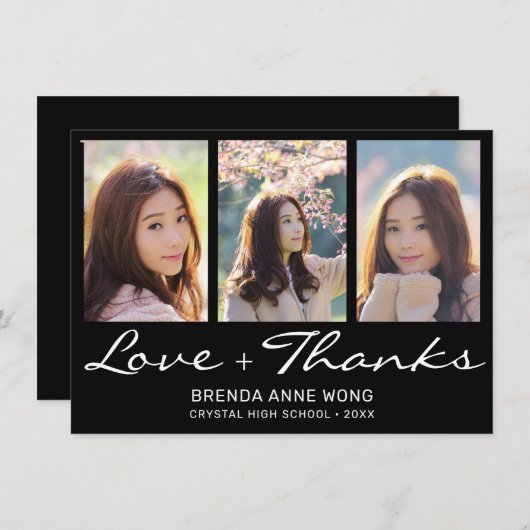 Abschluss 3 FotoCollage Schwarz-weißes Skript Dankeskarte (Vorne/Hinten)