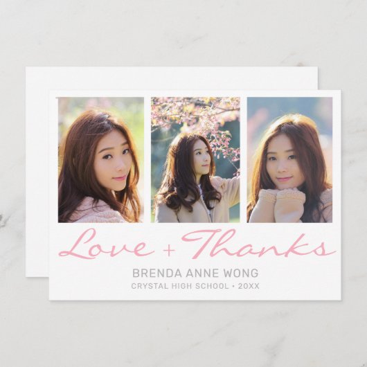 Abschluss 3 Fotomaterial Grau-Rosa-Script Dankeskarte (Vorne/Hinten)