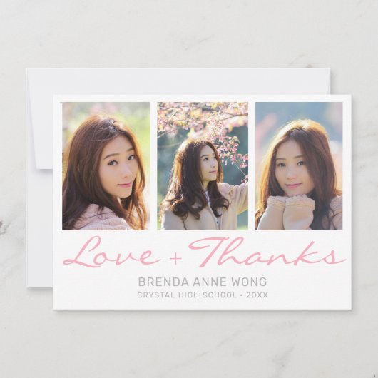 Abschluss 3 Fotomaterial Grau-Rosa-Script Dankeskarte (Vorderseite)