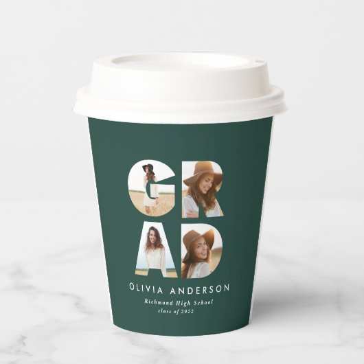 Abschluss 4 Foto Modernes personalisiertes Grün Pappbecher (Vorderseite)