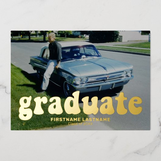 Abschluss 4 Foto Retro Funky Gold Party Folieneinladung (Vorderseite)