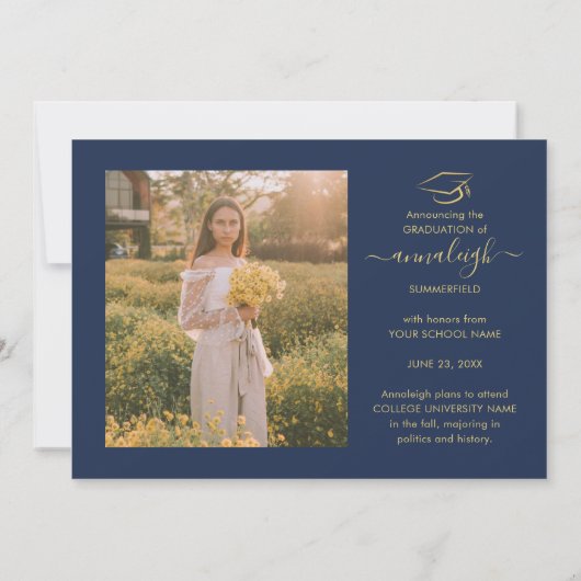 Abschluss 4 FotoCollage Navy Blue Gold Script Ankündigung (Rückseite)