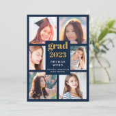 Abschluss 6 Fotocollage Gold Weißes Script blau Ankündigung (Stehend Vorderseite)