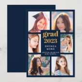 Abschluss 6 Fotocollage Gold Weißes Script blau Ankündigung (Vorne/Hinten)