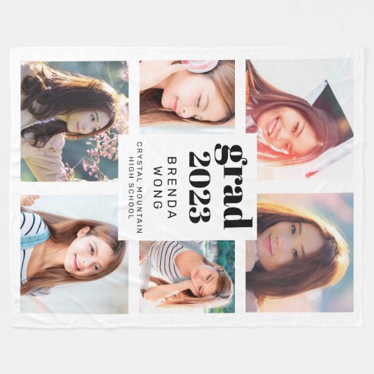 Abschluss 6 FotoCollage Schwarzes Script Weiß 2023 Fleecedecke (Vorderseite (Horizontal))