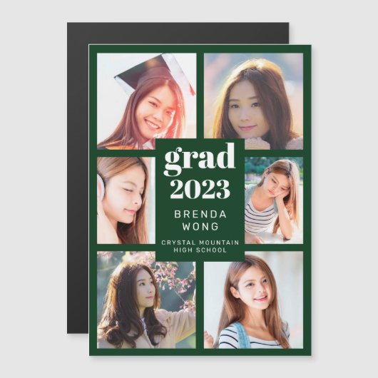 Abschluss 6 FotoCollage Weißes Skript Grün Magnetkarte (Vorne/Hinten)