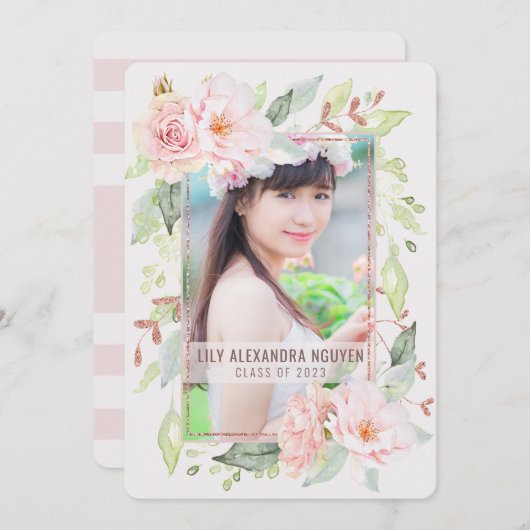 Abschluss | Aquarellblau Blush Rose Bloral Einladung (Vorne/Hinten)