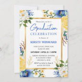 Abschluss Aquarellblau und Gelb Blumen Einladung (Vorderseite)