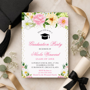 Abschluss Aquarellfarbe Rosa und Gelb Blumen Einladung