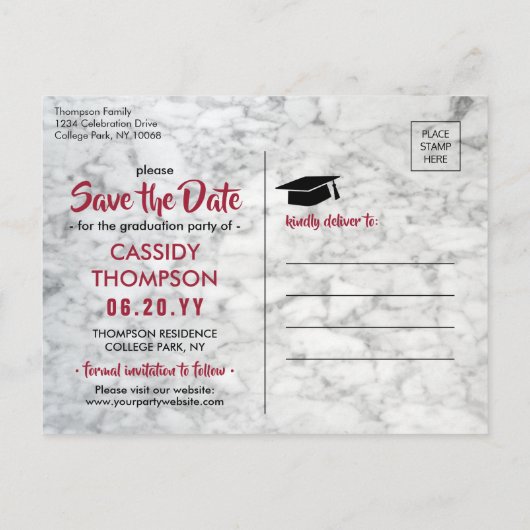 Abschluss aus Rot und Weiß Save the Date Postkarte (Rückseite)