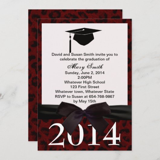 Abschluss aus schwarzem Ribbon und rotem Leopard Einladung (Vorne/Hinten)