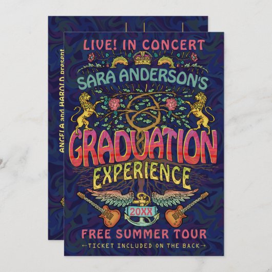 Abschluss Band Retro 70er Konzert Ticket Thema Einladung (Vorne/Hinten)