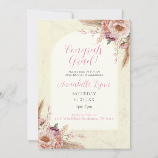 Abschluss "Beige und rosa Boho" Einladung (Vorderseite)