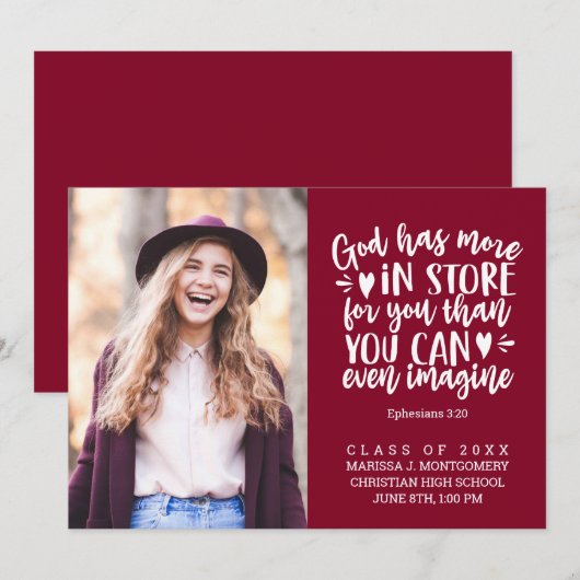 Abschluss Bible Verse Foto White Script Maroon Ankündigung (Vorne/Hinten)