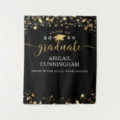 Abschluss Black Gold Stars Confetti Lights Script Wandteppich (Vorderseite)