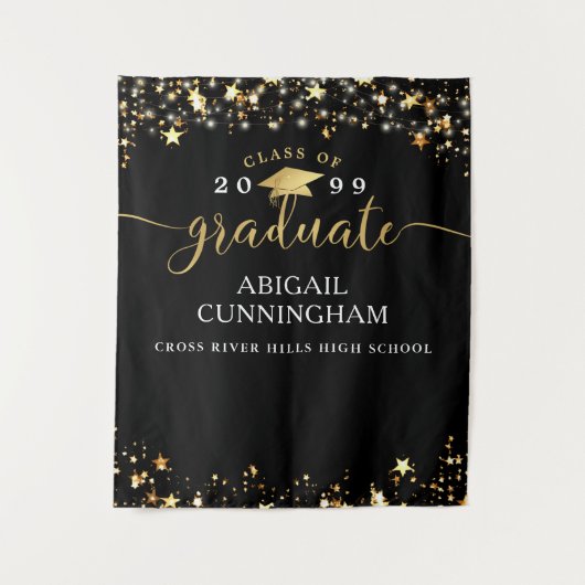 Abschluss Black Gold Stars Confetti Lights Script Wandteppich (Vorderseite)